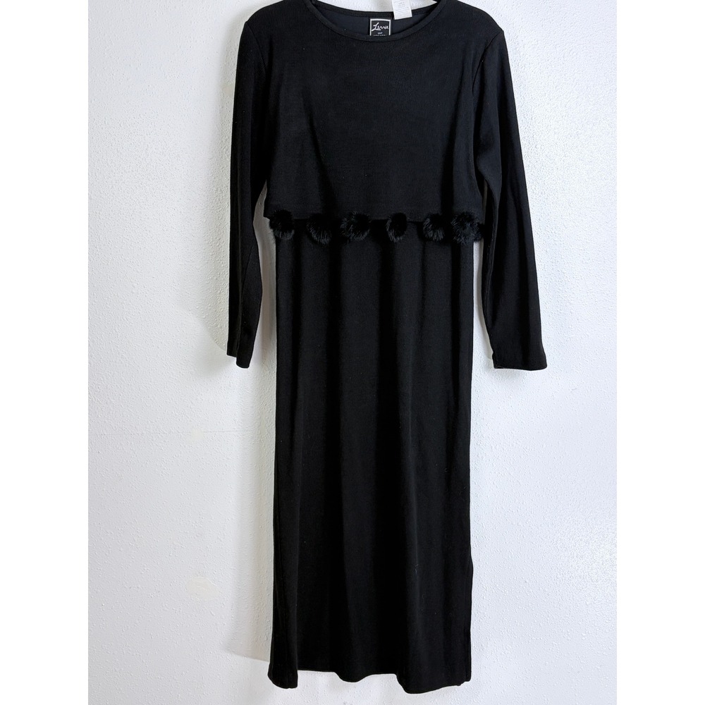 Vintage Lennie LNY New York Black Ribbed Faux Fur Pom Pom Womens Maxi Dress L